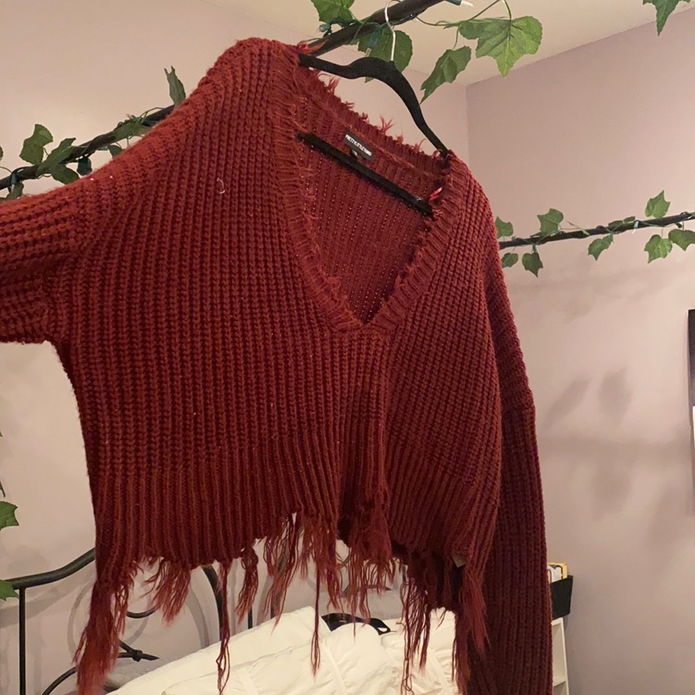 Burgundy low neck fringe  sweater